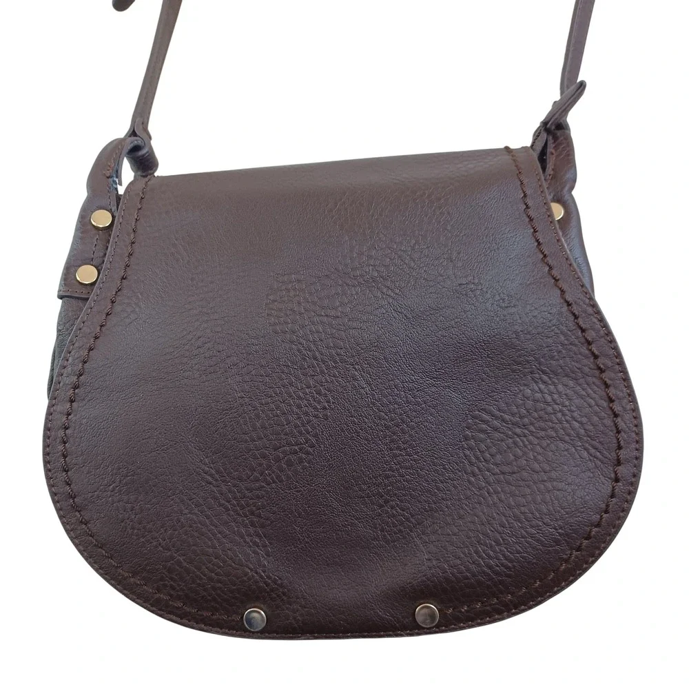 Charming Charlie Brown Pebbled Vegan Leather Saddle Crossbody Bag Whipstitch